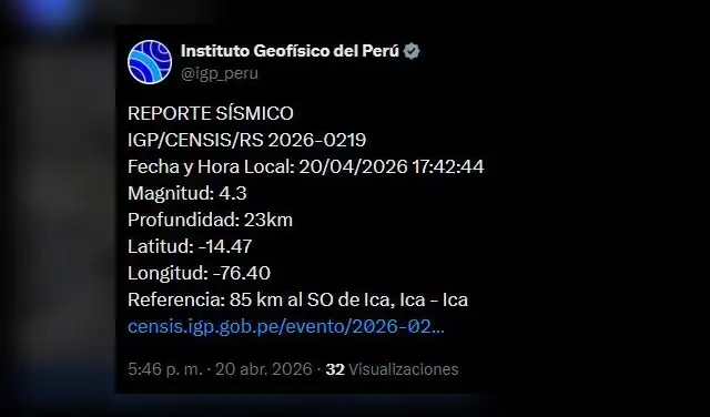 Temblor en Ica tuvo una magnitud de 4,3.