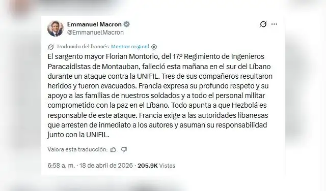 El presidente Emmanuel Macron confirmó el deceso del militar francés en Líbano. Foto: @EmmanuelMacron/X El presidente Emmanuel Macron confirmó el deceso del militar francés en Líbano. Foto: @EmmanuelMacron/X