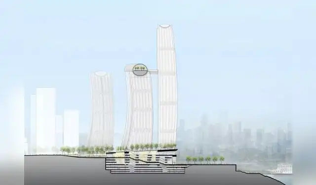 El rascacielos horizontal chino es como un puente estratégico entre torres residenciales y comerciales. Foto: Safdie Architects