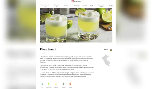 El pisco sour aparece en el top 20 del ranking mundial de mejor tipo de bebidas. Foto: Taste Atlas El pisco sour aparece en el top 20 del ranking mundial de mejor tipo de bebidas. Foto: Taste Atlas