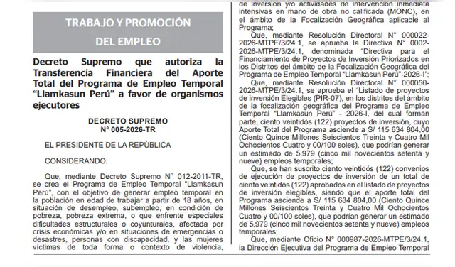 Mediante el Decreto Supremo N.° 005-2026-TR se autorizó la transferencia de S/115 634 804 para financiar proyectos en 122 distritos.