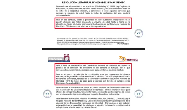Resolución Jefatural N° 000039-2026/JNAC/RENIEC, que permite que ciudadanos con DNI de menor de edad puedan votar en las EG 2026. Foto: Reniec
