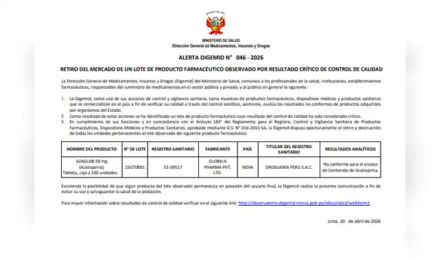 Digemid ordena retiro de lote de medicamento inmunosupresor por riesgo para la salud