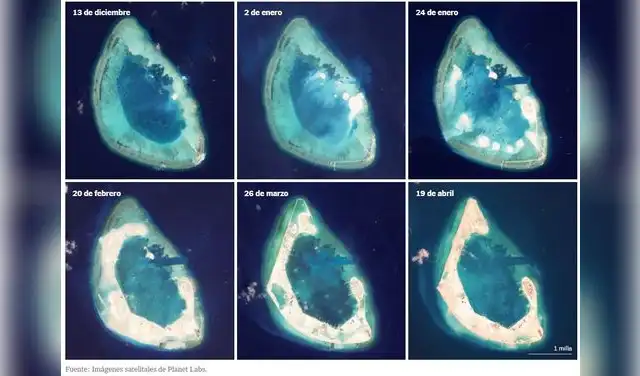 Imágenes satelitales revelaron la evolución de la isla artificial china. Foto: The New York Times