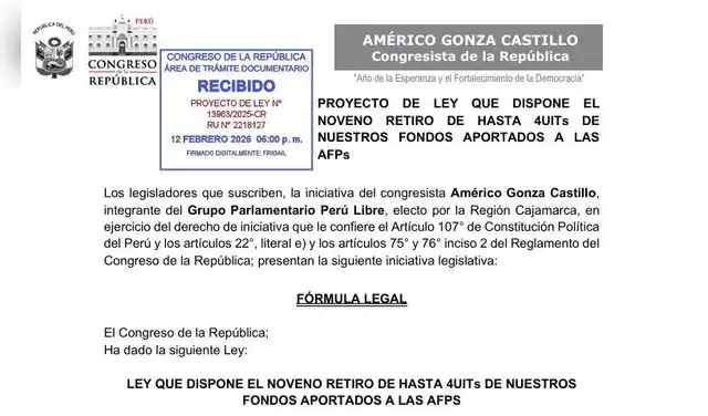 Primer proyecto para el noveno retiro de la AFP presentado por el congresista Américo Gonza.
