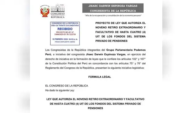 Segundo proyecto para el noveno retiro de la AFP presentado por el congresista Jhaec Darwin.