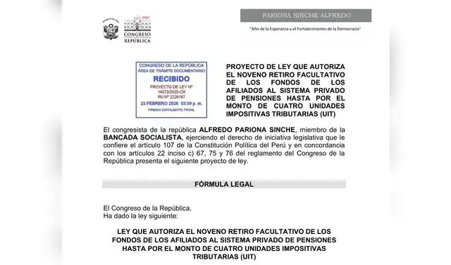 Tercer proyecto para el noveno retiro de la AFP presentado por el congresista Alfredo Pariona.