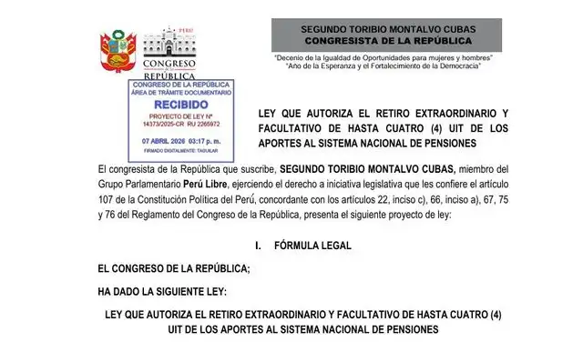 Quinto proyecto para el noveno retiro de la AFP presentado por el congresista Segundo Montalvo.