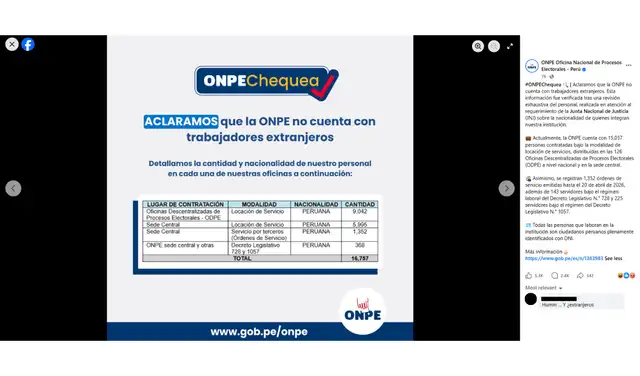 Aclaración de la ONPE vía Facebook. Foto: ONPE