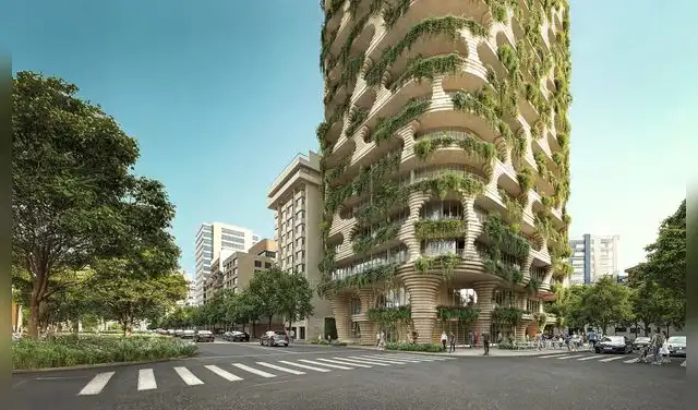 La fachada de la torre ecuatoriana buscaría armonía con el ecosistema local. Foto: Archdaily