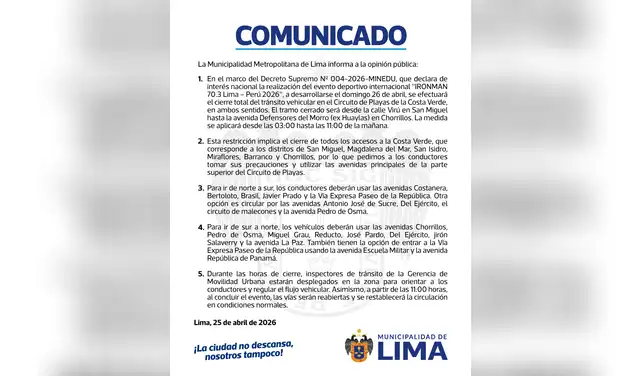 Conoce el plan de desvío de tránsito para el IRONMAN 70.3 en Lima