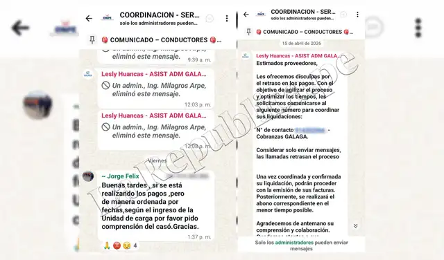 Capturas de comunicaciones internas entre administradores y transportistas de Gálaga, en las que la empresa informa sobre retrasos en los pagos y organiza su ineficaz canal de cobranza.