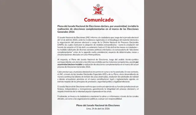 Comunicado oficial del JNE ante la situación, 24 de abril. Foto: JNE