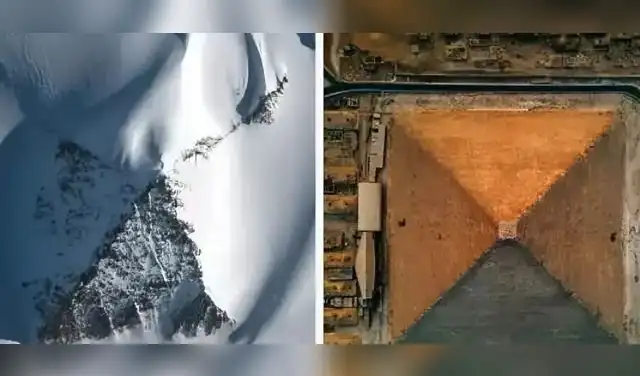 La vista aérea de la 'pirámide' antártica y la egipcia. Foto: A24