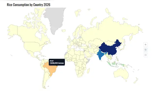 Brasil es el país latinoamericano que más consume arroz en 2026. Foto: World Population Review Brasil es el país latinoamericano que más consume arroz en 2026. Foto: World Population Review