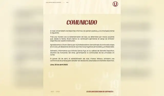 Comunicado de Universitario sobre salida de Álvaro Barco. Foto: Universitario  