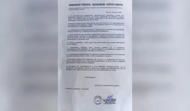 Comunidad de Pijuayal anuncia bloqueo y exige agua segura, atención médica y limpieza tras derrame.
