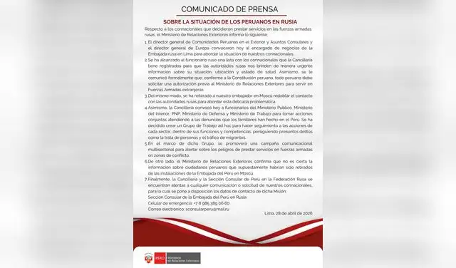 Ministerio de Relaciones Exteriores se pronunció hoy 28 de abril