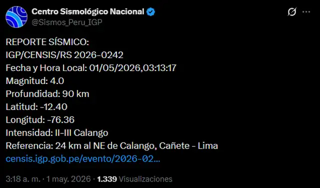 Reporte del IGP sobre el último temblor en Lima. Foto: IGP en X