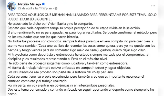 Post de Natalia Málaga tras declaraciones de Vivian Baella. Foto: Natalia Málaga/Facebook  