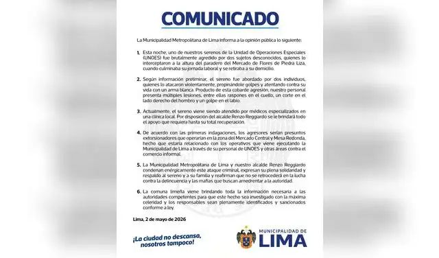 Sereno fue atacado con arma blanca al salir de su jornada en el Rímac Sereno fue atacado con arma blanca al salir de su jornada en el Rímac