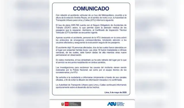 Comunicado de la ATU tras el accidente en la Vía Expresa Comunicado de la ATU tras el accidente en la Vía Expresa