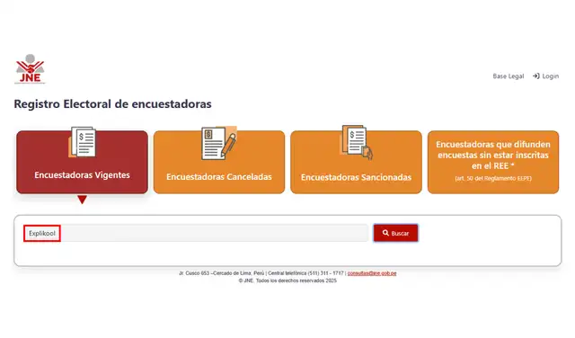Explikool no es parte del Registro Electoral de Encuestadoras del JNE. Foto: Jurado Nacional de Elecciones Explikool no es parte del Registro Electoral de Encuestadoras del JNE. Foto: Jurado Nacional de Elecciones