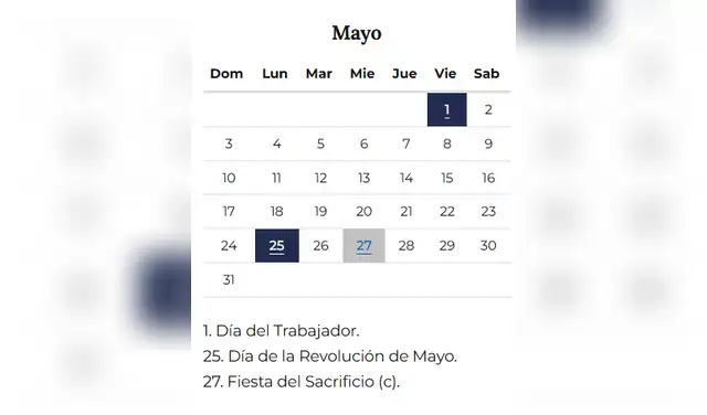 Feriados oficiales en el mes de mayo 2026. Foto: Gobierno de Argentina