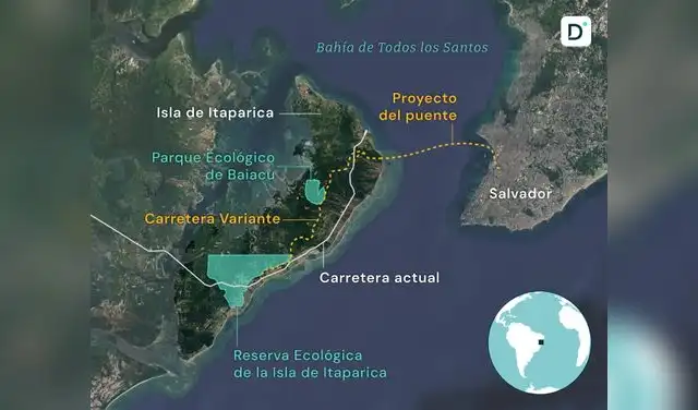 La planificación busca recortar 100 kilómetros de trayecto terrestre con el enorme puente sobre el mar. Foto: Gobierno de Brasil La planificación busca recortar 100 kilómetros de trayecto terrestre con el enorme puente sobre el mar. Foto: Gobierno de Brasil