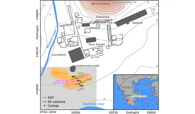 Mapa del área de estudio. Las zonas en gris oscuro indican las estructuras del santuario excavado. Foto: Mapa del área de estudio. Las zonas en gris oscuro indican las estructuras del santuario excavado. Foto: