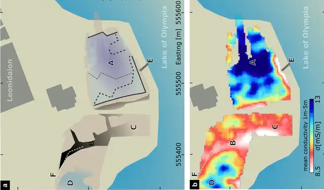 Dibujo de las características de datos EMI identificadas en relación con los edificios conocidos del santuario y el lago de Olimpia. Foto: Dibujo de las características de datos EMI identificadas en relación con los edificios conocidos del santuario y el lago de Olimpia. Foto: