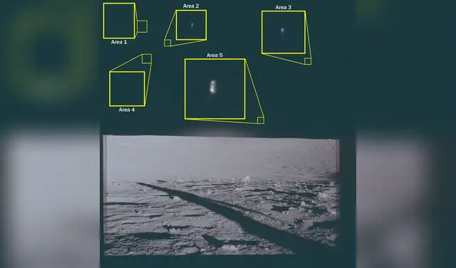Una fotografía de archivo tomada en la Luna por los astronautas del Apolo 12 en 1969, con recuadros superpuestos que muestran Una fotografía de archivo tomada en la Luna por los astronautas del Apolo 12 en 1969, con recuadros superpuestos que muestran