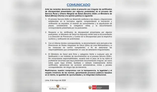 Comunicado del Ministerio de Salud