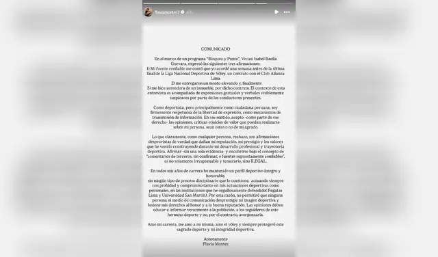 Comunicado de Flavia Montes. Foto: Instagram  