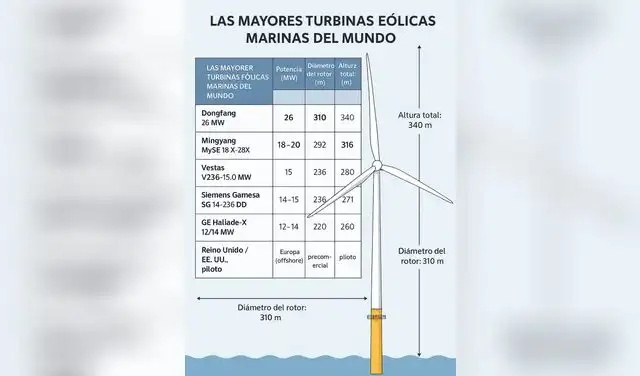 Las mayores turbinas eólicas marinas de la Tierra. Foto: Hibridos y Electricos/IA Las mayores turbinas eólicas marinas de la Tierra. Foto: Hibridos y Electricos/IA