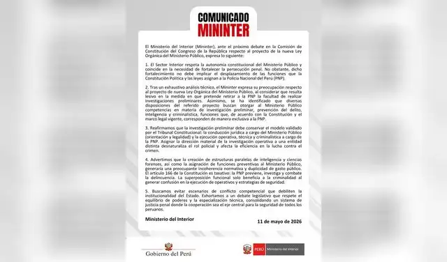 Ministerio del Interior se opone a Ley Orgánica del Ministerio Público