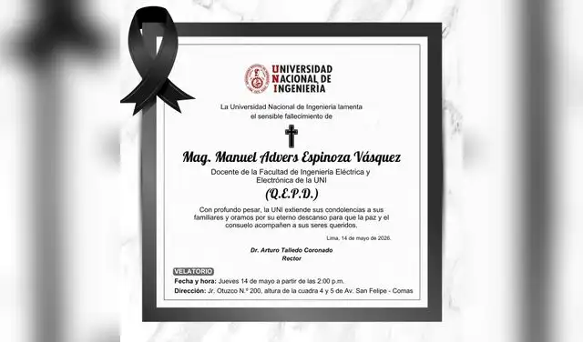 Comunicado de la UNI tras fallecimiento del docente Manuel Espinoza Vásquez. Comunicado de la UNI tras fallecimiento del docente Manuel Espinoza Vásquez.