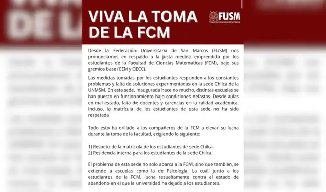 Comunicado de la FUSM.