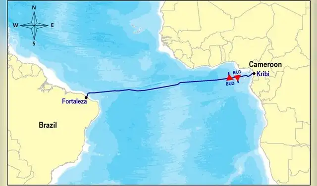 El cable submarino chino une Kribi, en Camerún, con Fortaleza, en Brasil. Foto: CDN