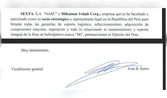 La NASC advierte al Ejército que se debe contratar exclusivamente a la panameña Milenium Veladi, la empresa que no pudo cumplir con la reparación de tres helicópteros Mi del Ejército. Foto: La República La NASC advierte al Ejército que se debe contratar exclusivamente a la panameña Milenium Veladi, la empresa que no pudo cumplir con la reparación de tres helicópteros Mi del Ejército. Foto: La República