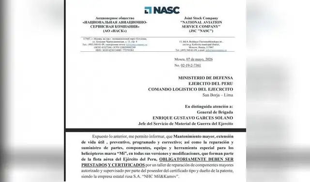 La carta dirigida por NASC a las autoridades del Ministerio de Defensa y del Ejército comunicando que para la reparación de los helicópteros rusos Mi se debe contratar nada más que con ellos. Foto: La República La carta dirigida por NASC a las autoridades del Ministerio de Defensa y del Ejército comunicando que para la reparación de los helicópteros rusos Mi se debe contratar nada más que con ellos. Foto: La República