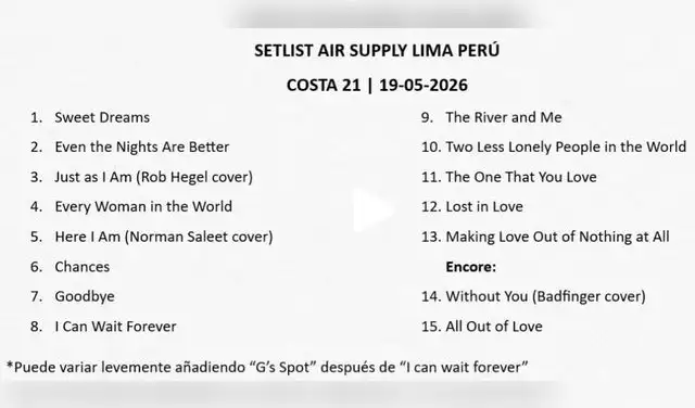Setlist de Air Supply en Lima 2026.