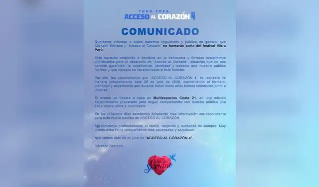 Corazón Serrano comunica su retiro de Vibra Perú 2026