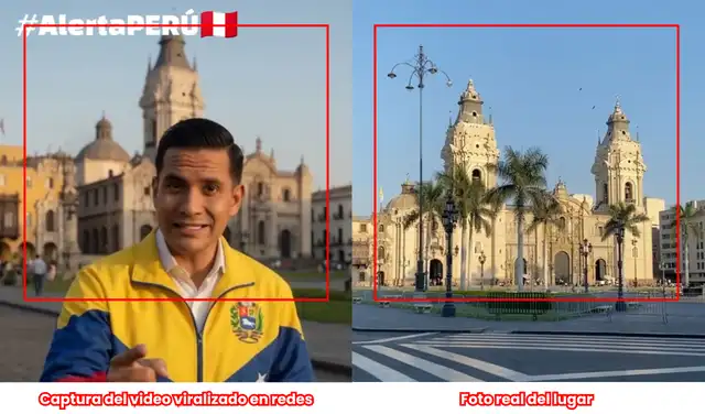 Diferencias entre la Basílica Catedral de Lima del video (y construcciones aledañas) y la original. Foto: Facebook | Diana Sanchez/LR Diferencias entre la Basílica Catedral de Lima del video (y construcciones aledañas) y la original. Foto: Facebook | Diana Sanchez/LR