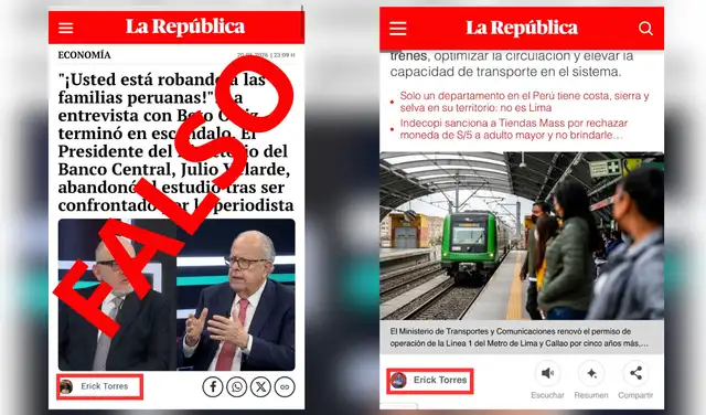 Izquierda: nota falsa que utiliza una imagen incorrecta del periodista Erick Torres. / Derecha: publicación de La República en la que se observa la fotografía real del periodista. Izquierda: nota falsa que utiliza una imagen incorrecta del periodista Erick Torres. / Derecha: publicación de La República en la que se observa la fotografía real del periodista.