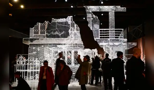 Un visitante observa «Permanent Address», de la artista india Sumakshi Singh, en el pabellón de la India, durante la preinauguración de la 61.ª Bienal de Arte de Venecia, el 6 de mayo de 2026. Foto: AFP.