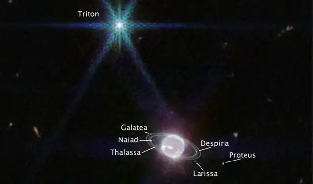 Neptuno tomada por el telescopio espacial James Webb muestra los anillos del planeta y varias de sus 16 lunas. La tercera luna más grande, Nereida (no aparece en la imagen), podría ser la única que quedó de la formación del planeta. Foto: NASA/ESA