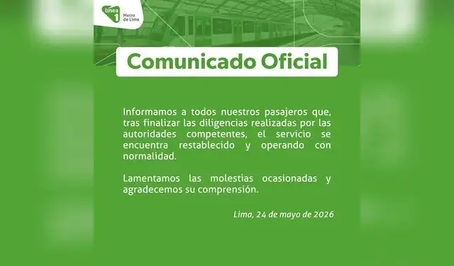 Línea 1 del Metro de Lima restablece su servicio