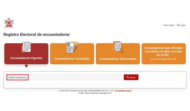 Radio La Poderosa no es parte del Registro Electoral de Encuestadoras del JNE. Foto: Jurado Nacional de Elecciones