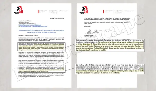 IndustriALL Global Union rechazó los argumentos de TGP y sostuvo que la empresa sí conocía de la formación del sindicato antes de ejecutar los despidos de trabajadores sindicalizados. IndustriALL Global Union rechazó los argumentos de TGP y sostuvo que la empresa sí conocía de la formación del sindicato antes de ejecutar los despidos de trabajadores sindicalizados.